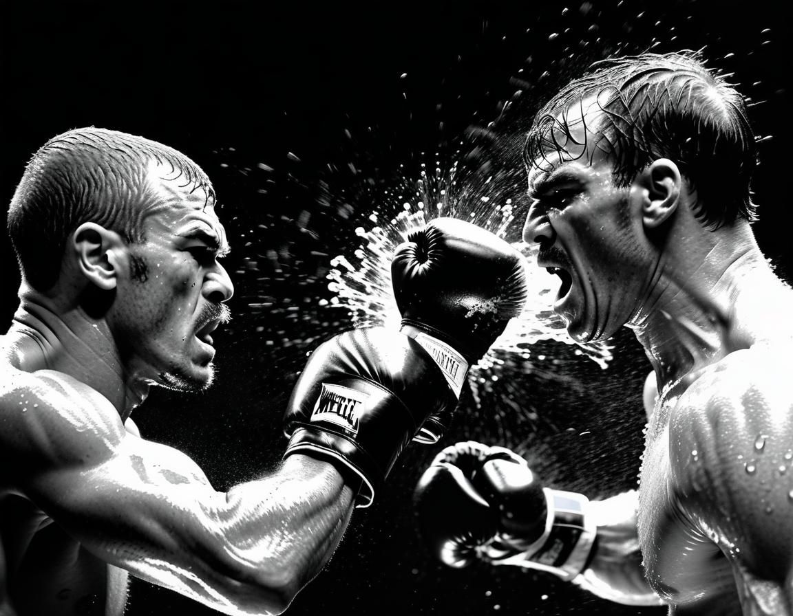 Striking Black and White Boxing Knockout in Film Noir Style