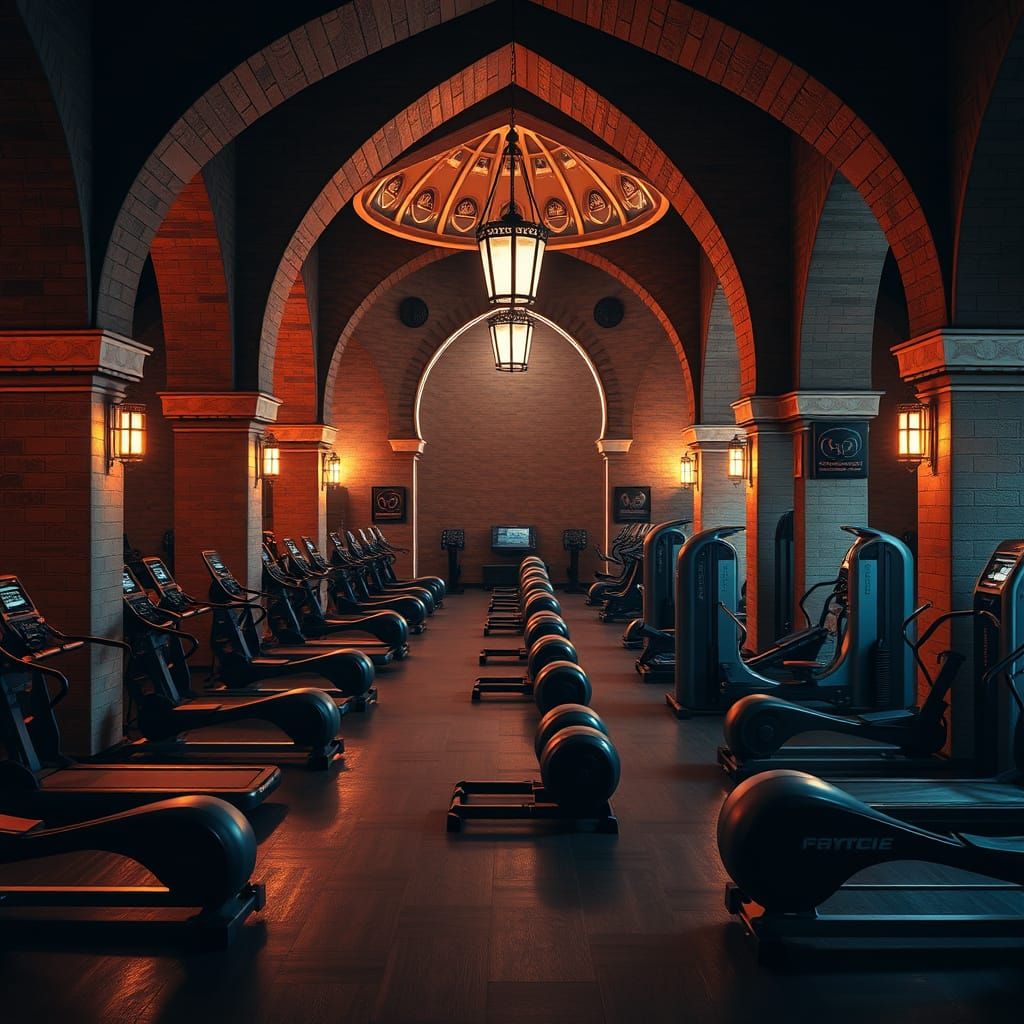 Epic Islamic Architecture Inspired Gym with Dramatic Lightin...