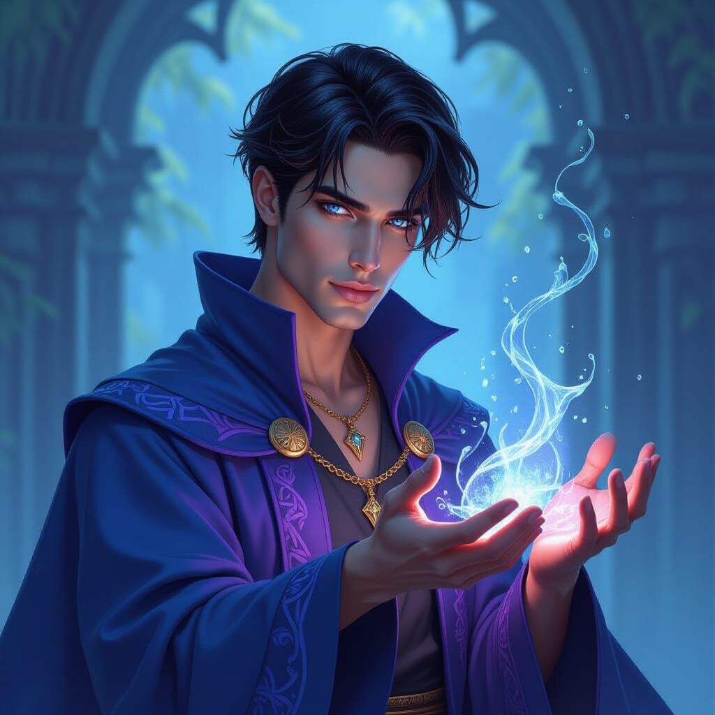 Handsome Water Mage Conjuring Magic in Fantasy Art Style