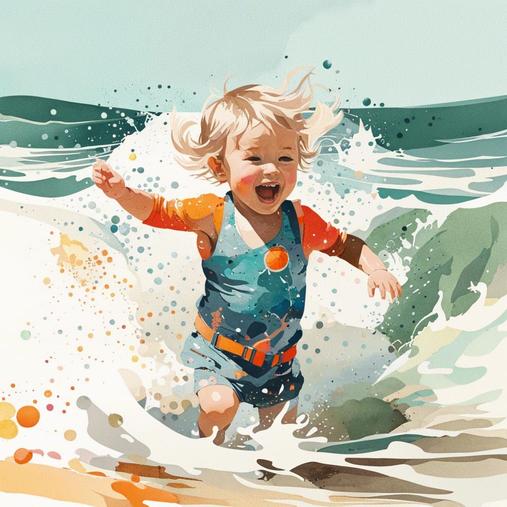Toddler Plays on Sunny Beach in Watercolor Style