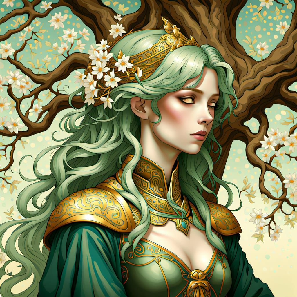 Non-Binary Knight in Prayer: An Art Nouveau Scene