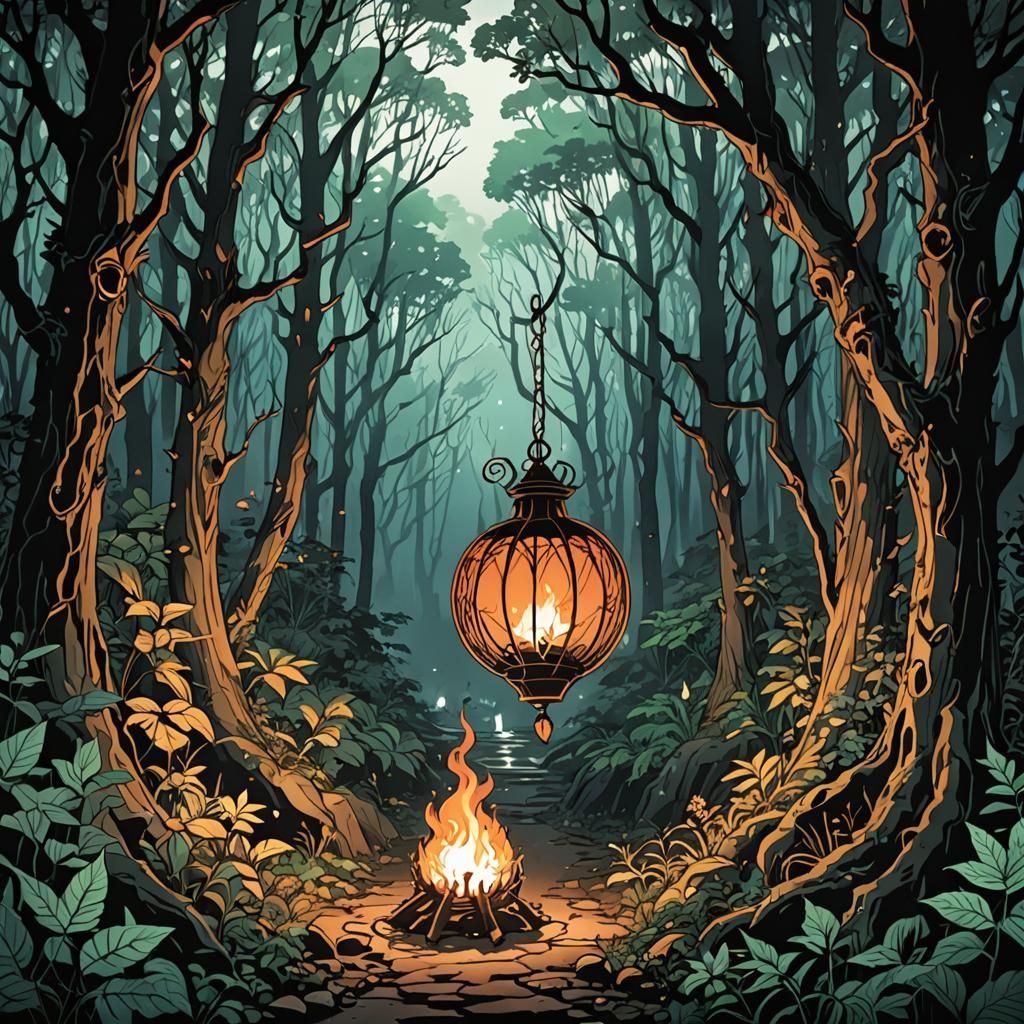 Mysterious Forest Entrance Coloring Page in Anime Style
