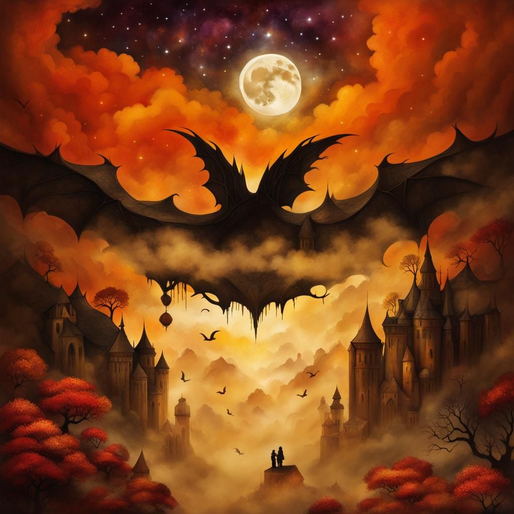 Mythological Moonlit Scene in Ink and Acrylic