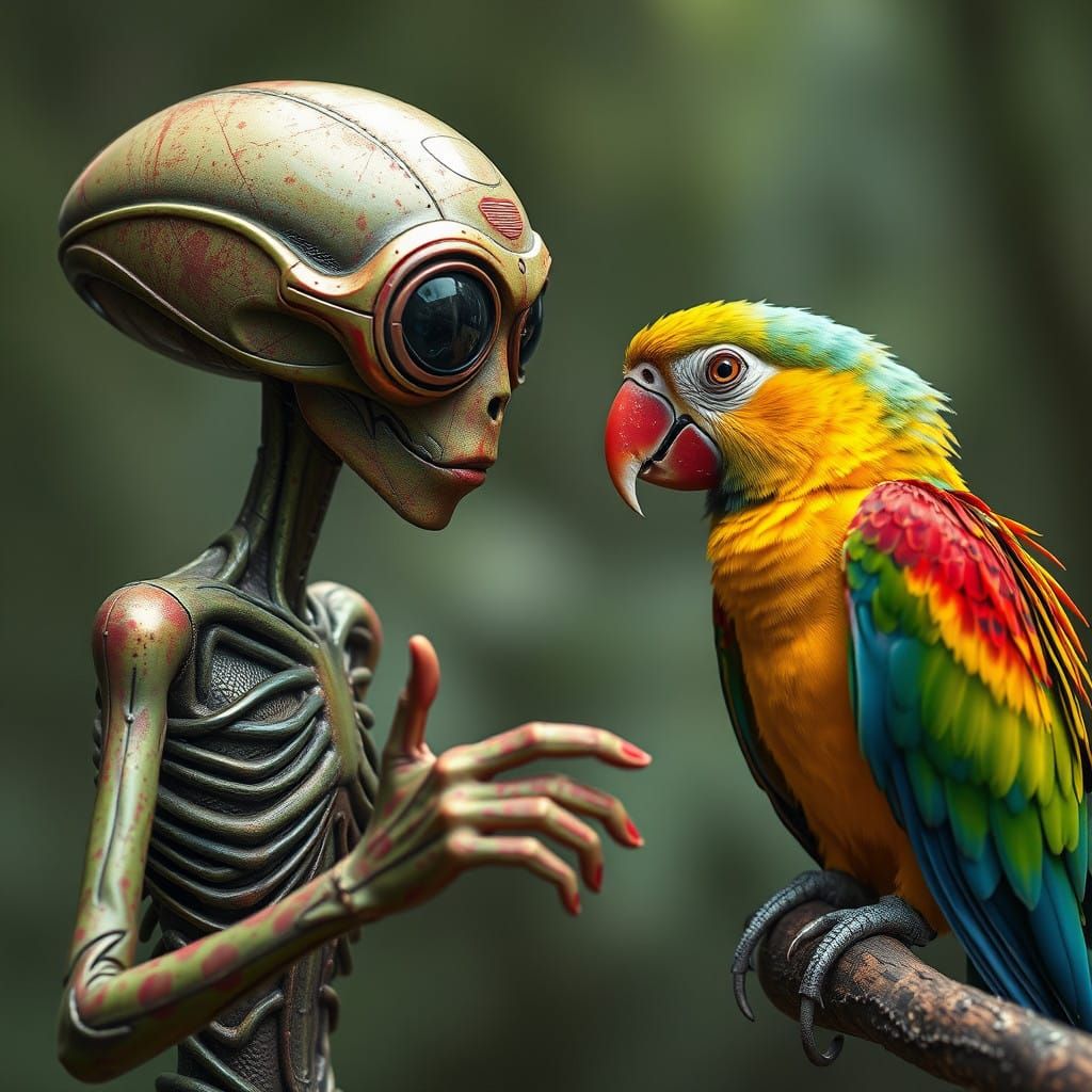 Alien Meets Vibrant Parrot in Intergalactic First Encounter