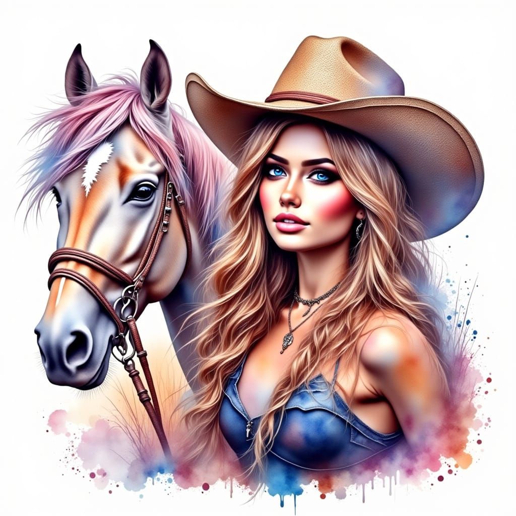 Ethereal Cowgirl in Whimsical Watercolor