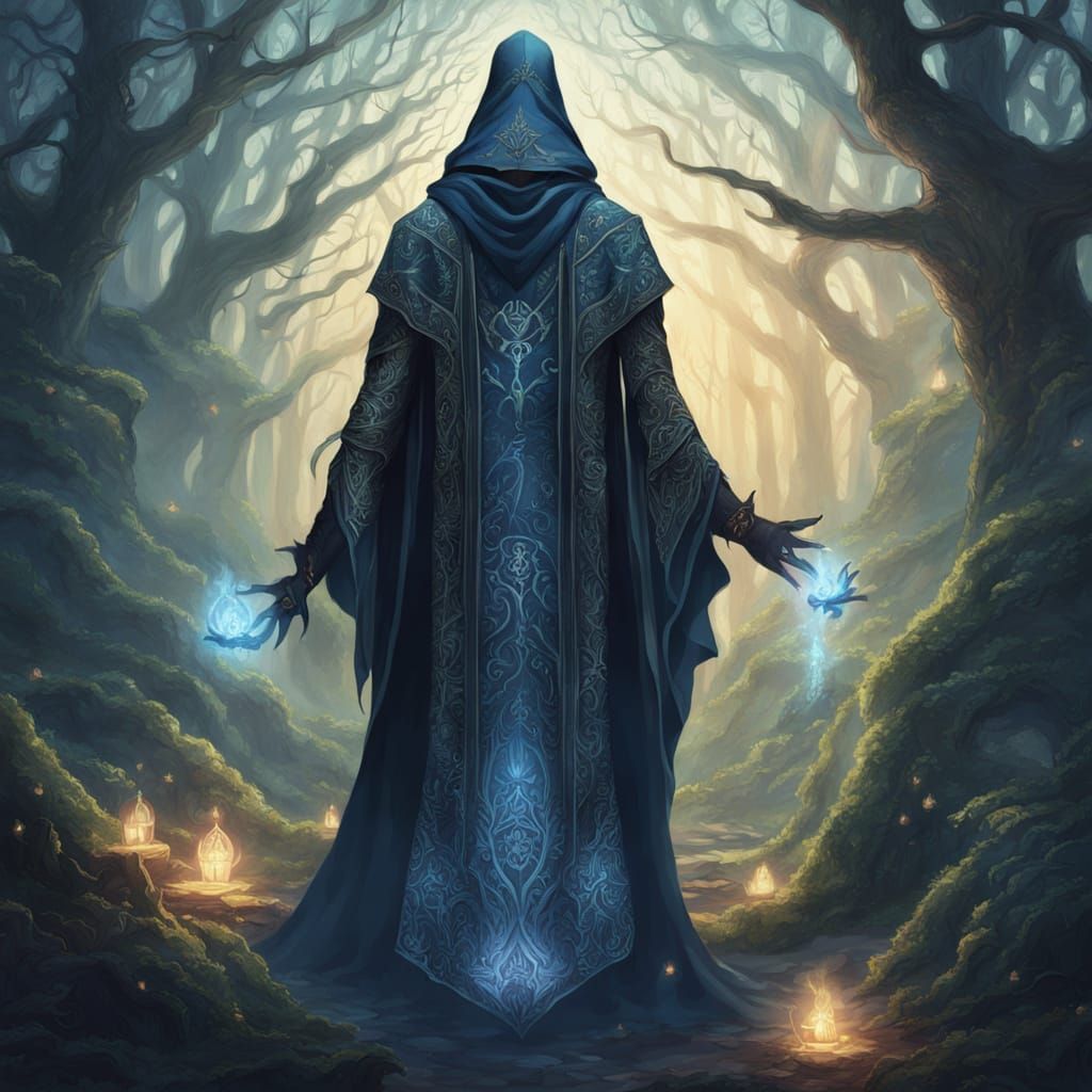 Wizard in Ornate Dress with Glowing Runes