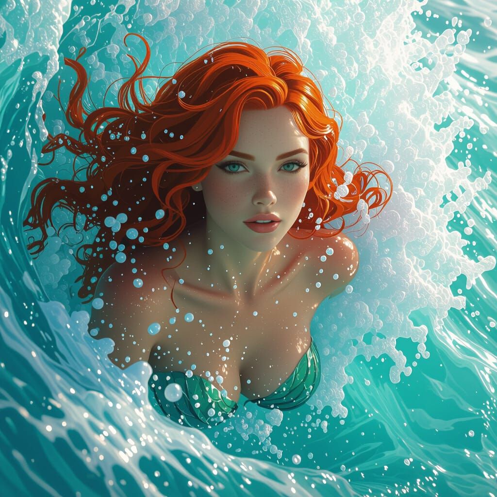 Redhead Mermaid Emerges from Wave, Digital Matte Painting