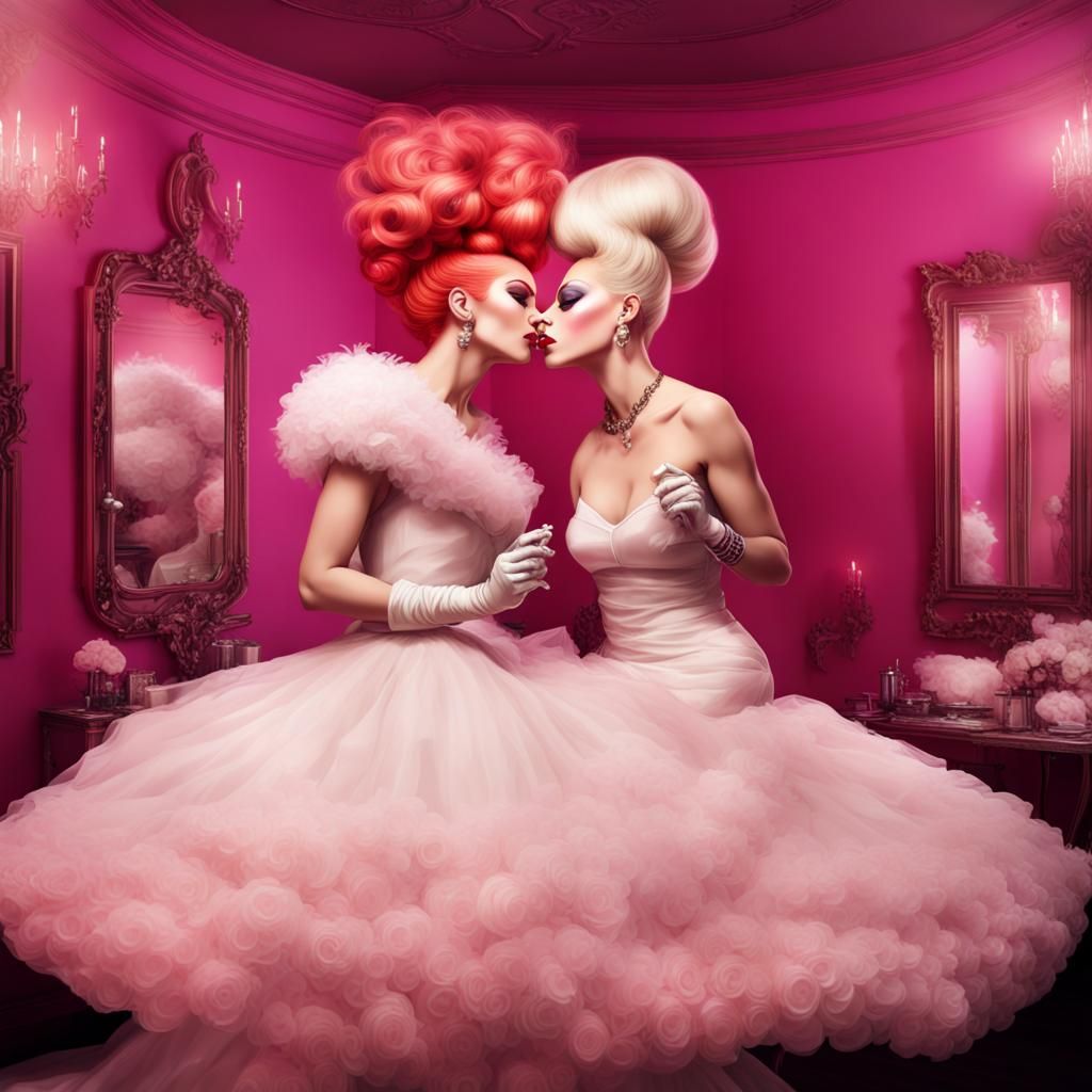Drag Queens Kissing in a Hair Salon: Fantasy Art