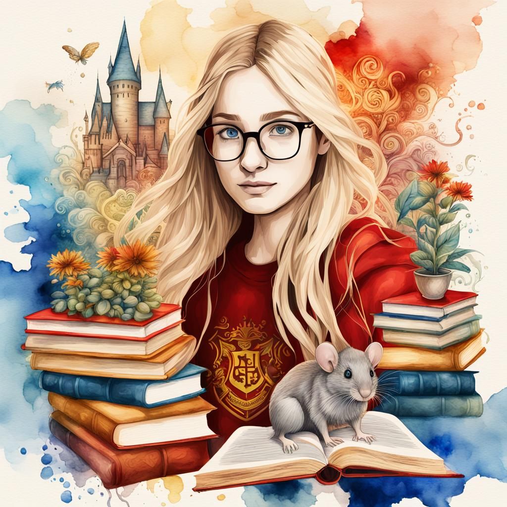 Magical Gryffindor Student with Books in Watercolor Style