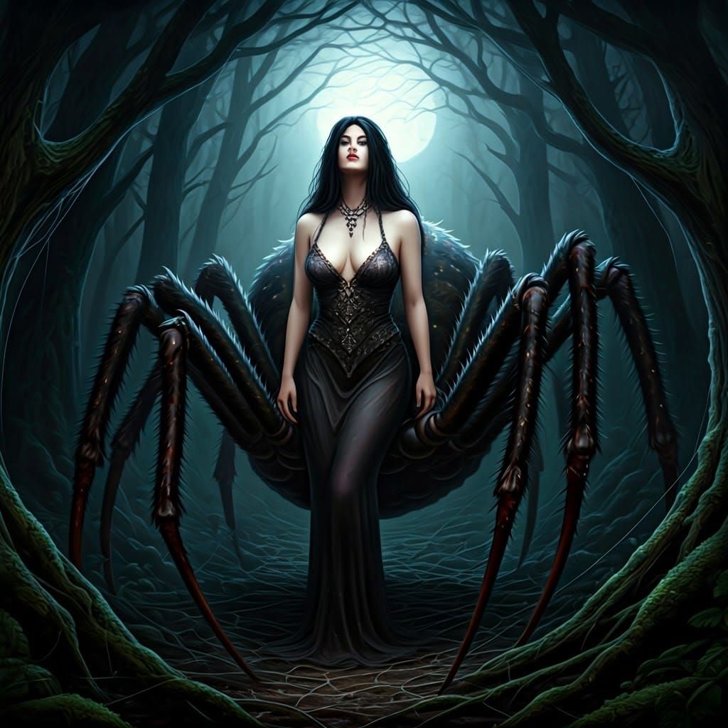 Seductive Spider Woman Luring Men in Dark Forest