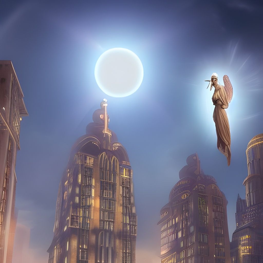 Angelic Cityscape with Floating Lights: Matte Painting