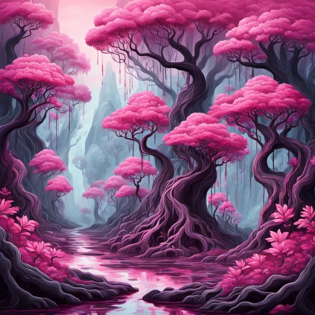 Surreal Pink Forest with Marble Ground and Lava