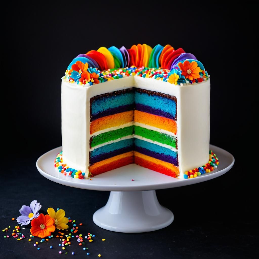 food photography of a rainbow cake on a dark background. The...
