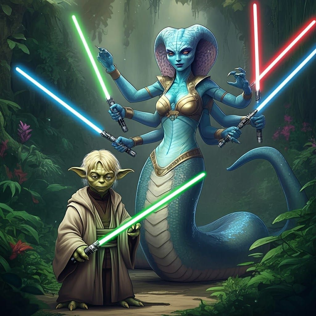 A young Yoda with thick blonde-hair standing  alongside his ...