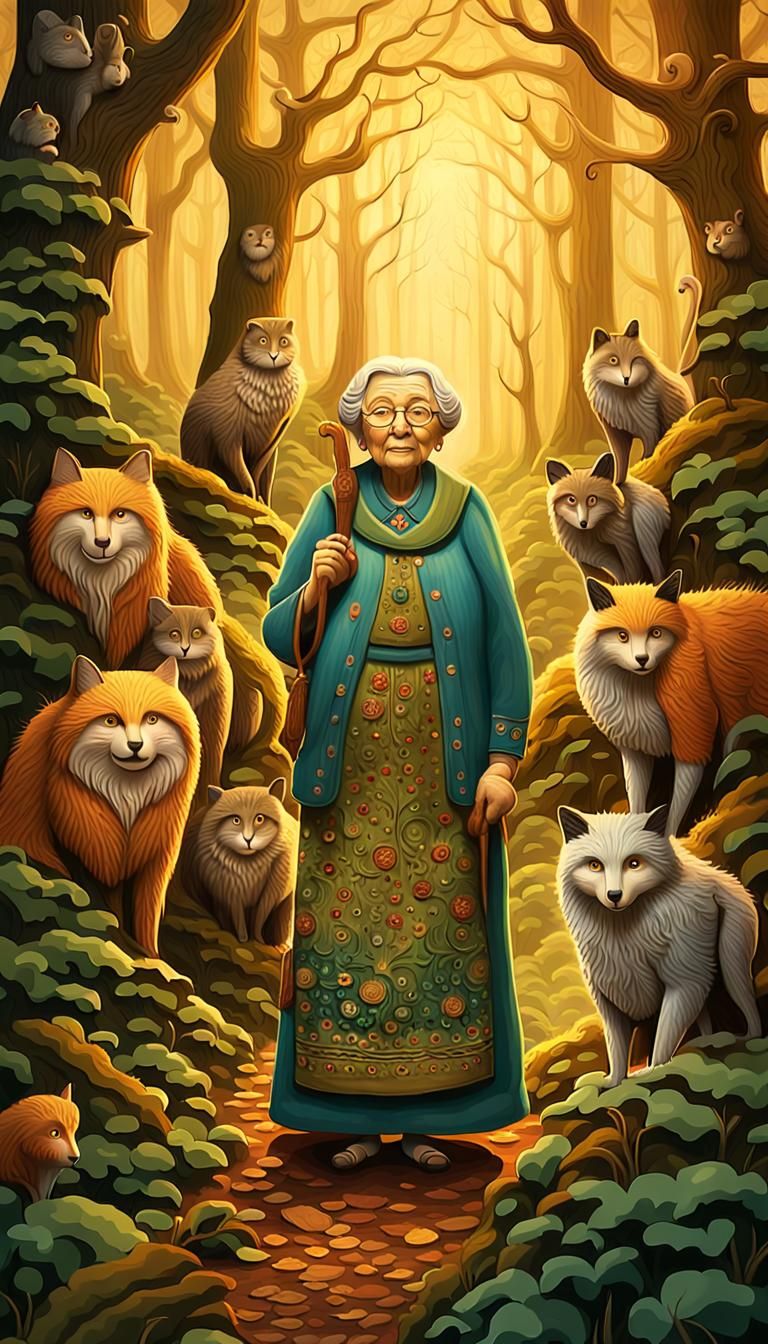 Mystical Forest Family Portrait in Folk Art Style