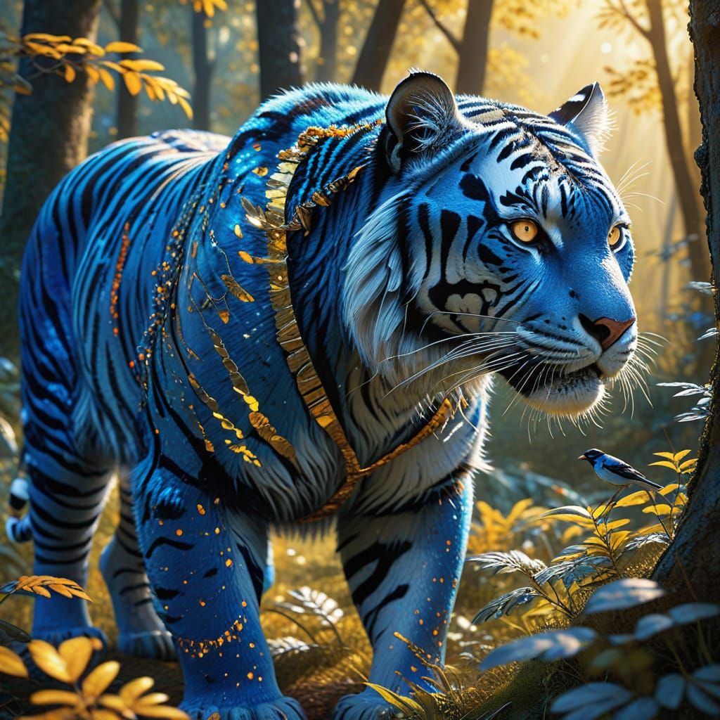 Fluffy Blue Tiger with Magpie in Whimsical Forest