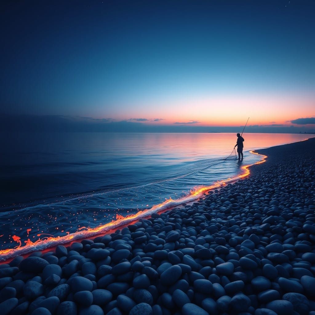 Serene Seaside Scene at Dusk with Bioluminescent Wave
