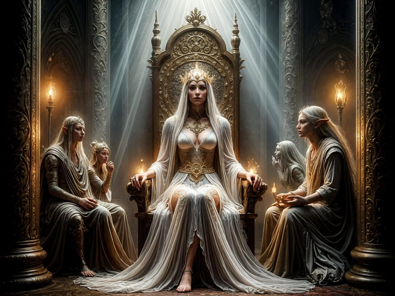 Elven Queen in Grand Hall: Fantasy Oil Painting