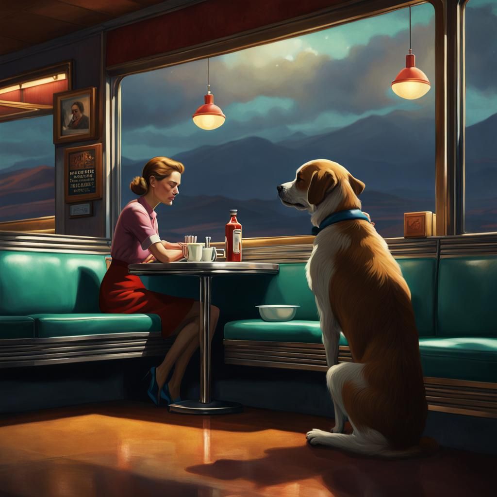 Woman in Diner with Dog: Hopper-Inspired Art