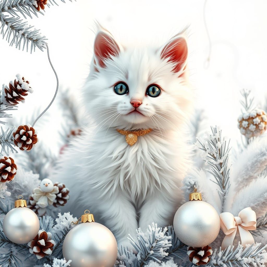 A Charming White Kitten Amidst Whimsical Christmas Decor