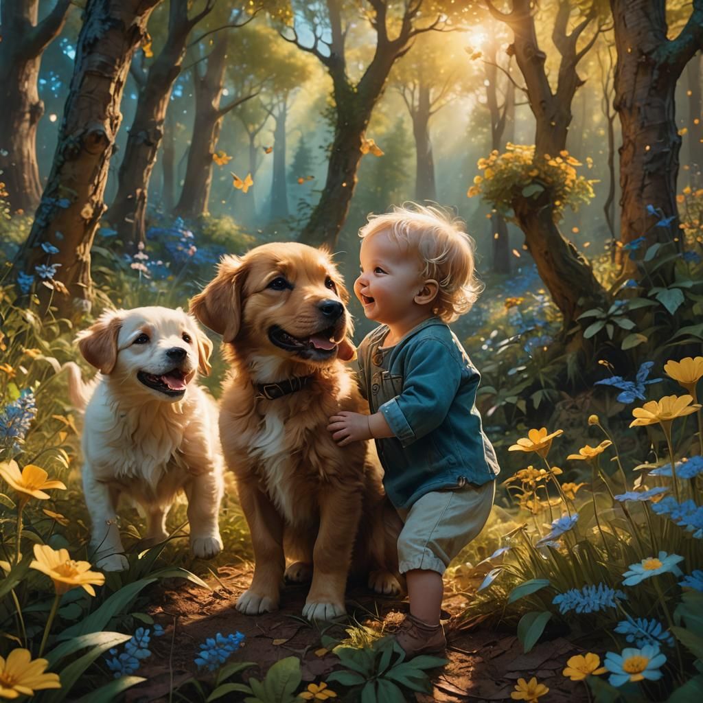 Baby and Puppy in Whimsical Forest