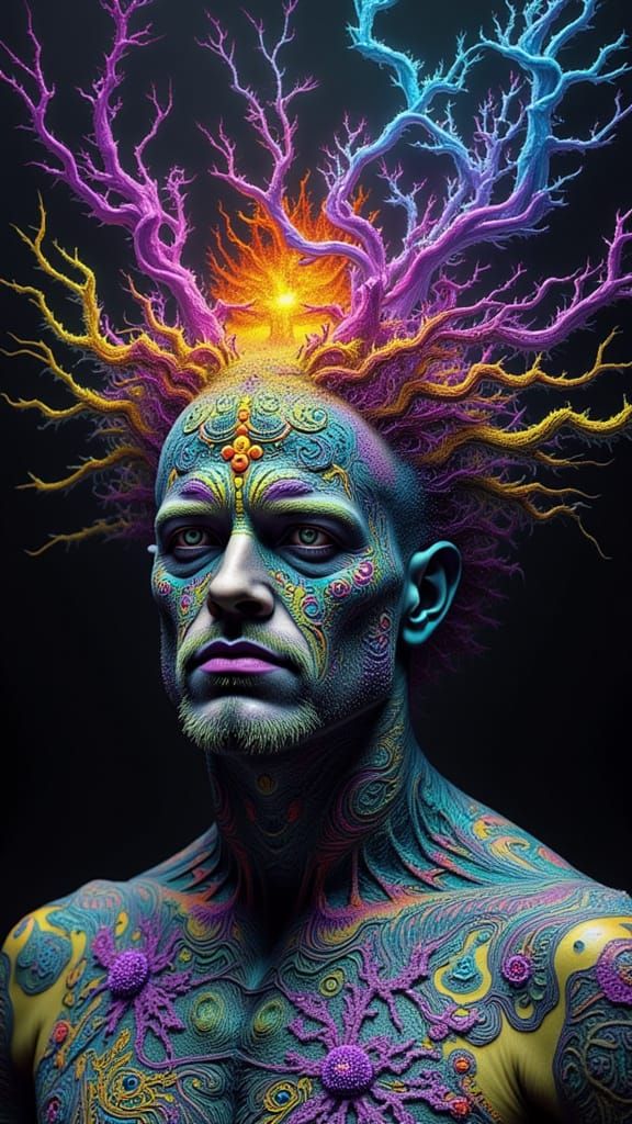 Fractal-Faced Man in Surreal Biomechanical Dreamscape