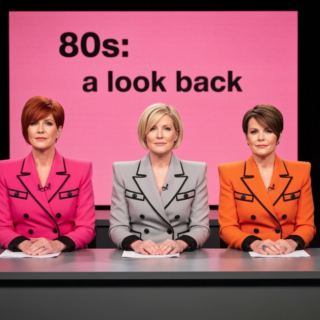 80s News Anchors in Bold Blazers at Desk