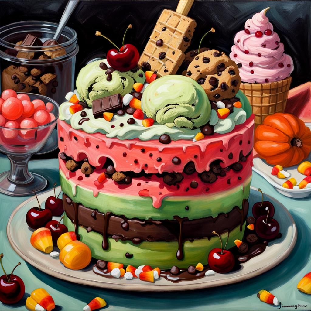 Watermelon ice cream with cherries, candy corn, and chocolat...