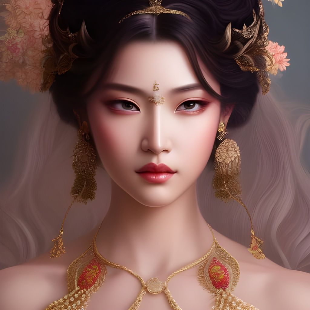 Floral Goddess in Ukiyo-e Style, Detailed Portrait