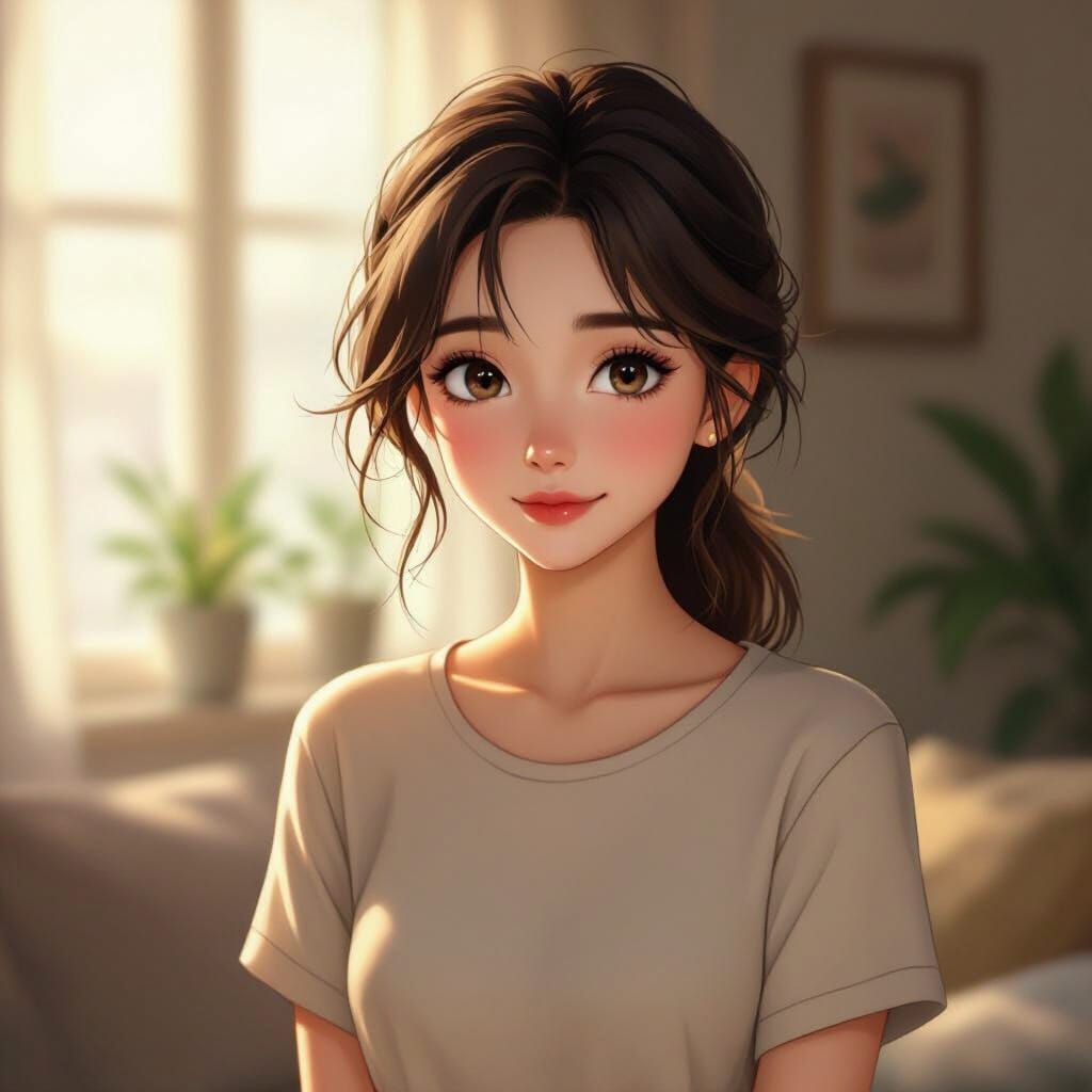 Hopeful Young Woman in Softly Lit Room, 3D Anime Style