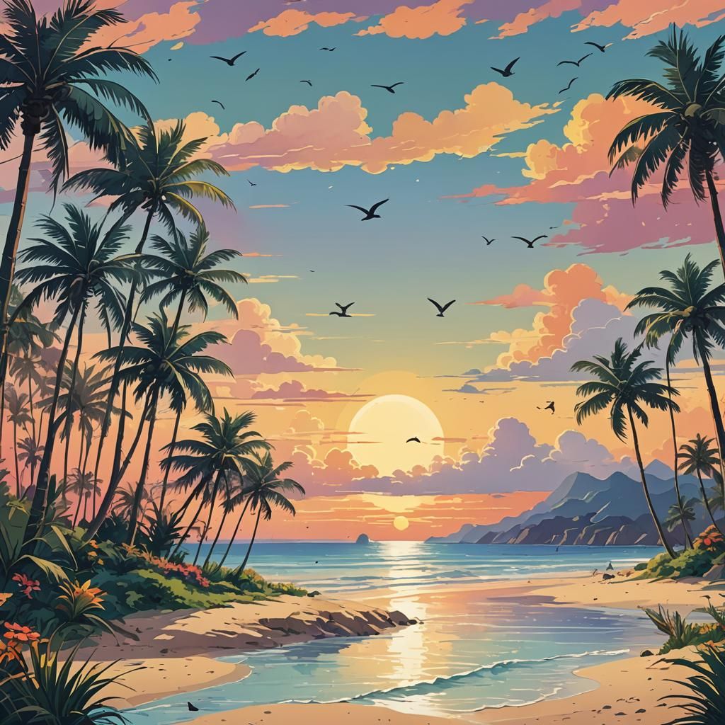 Sunset Beach: Colorful Vector Art in Ghibli Style