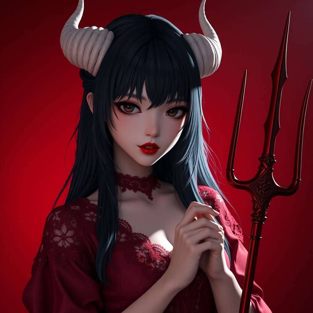 Dark-Haired Woman with Horns and Trident, in Anime Style
