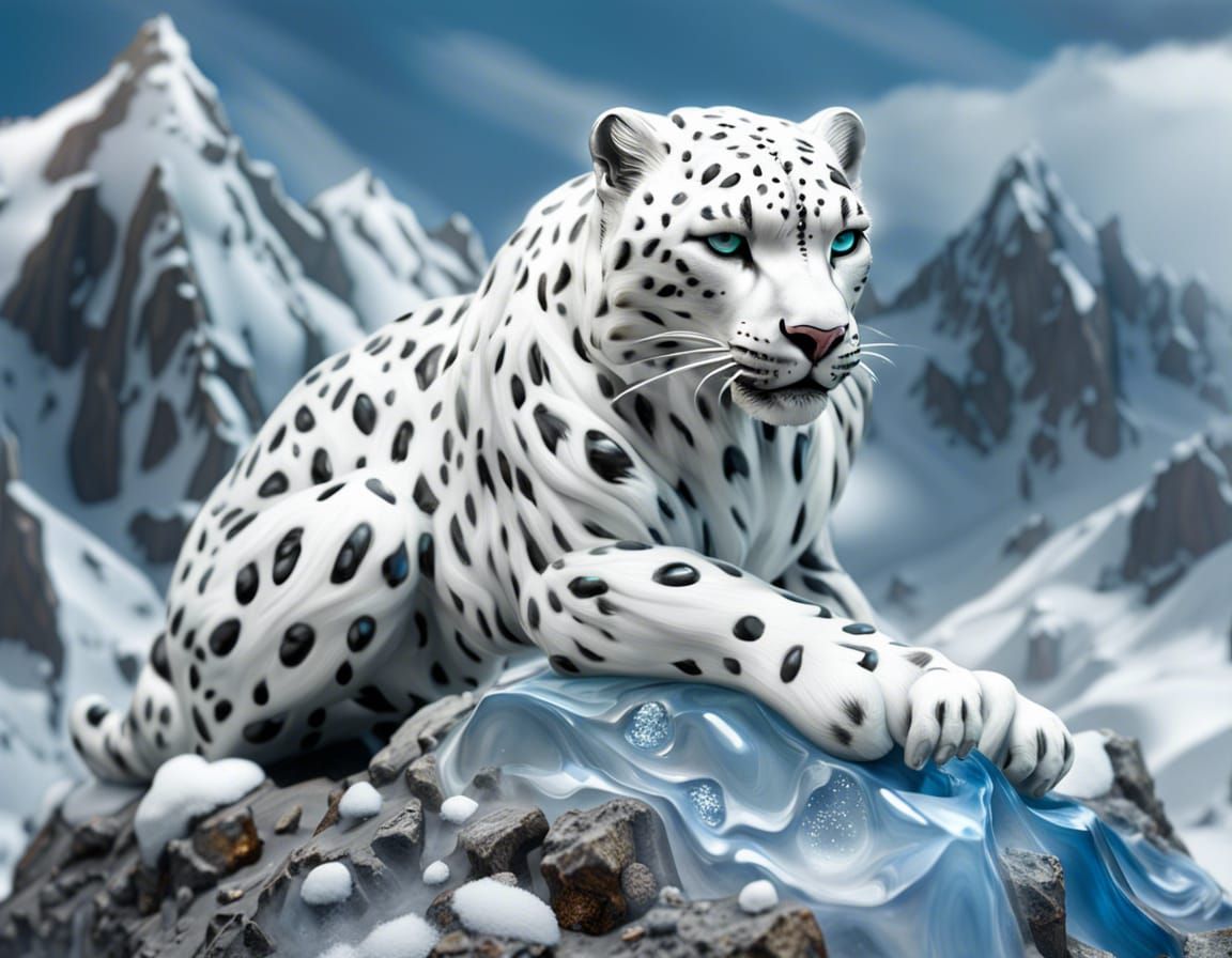 Enameled Glass Snow Leopard Sculpture on Snowy Crag