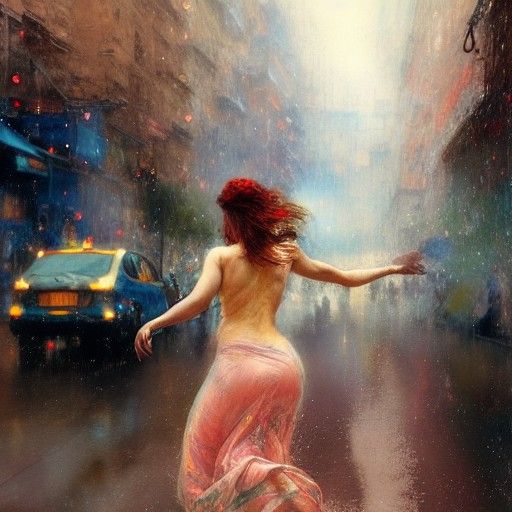 Woman Dancing in Rain: Gouache and Watercolor Painting