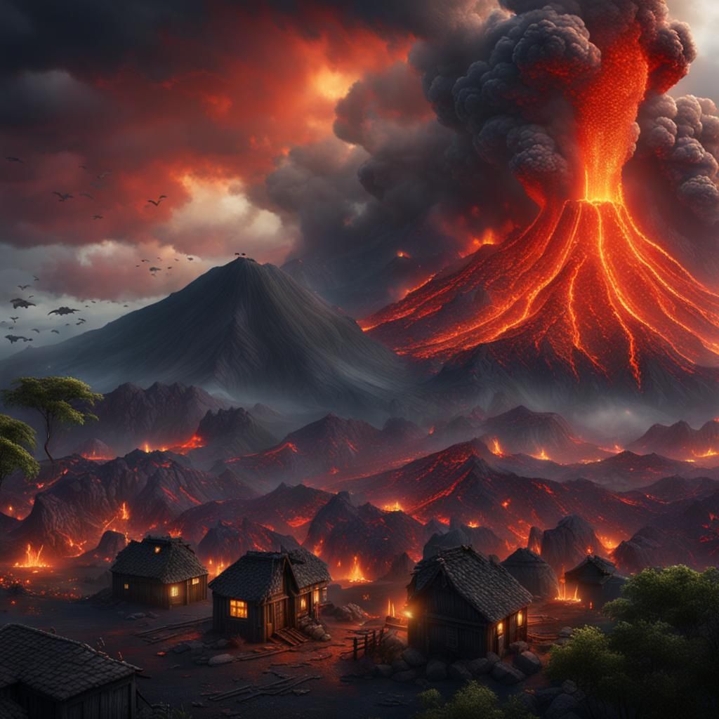 Volcanic Eruption Devastates Village: Fantasy Art