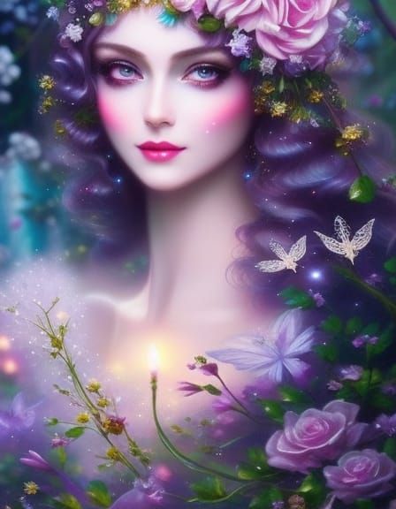 Elf Growing Sparkling Roses in Moonlight, Art Nouveau Style