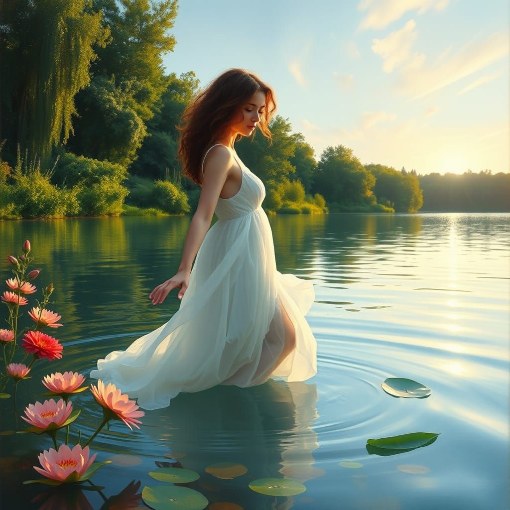 Woman Stepping into Serene Lake in Impressionist Style