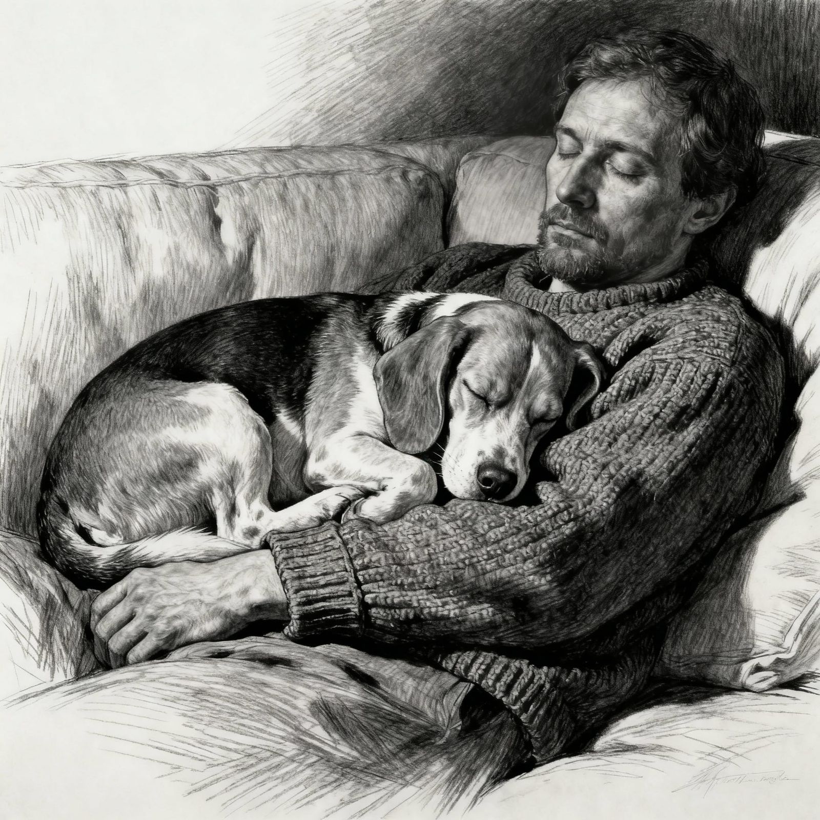 Beagle and Man Sleeping Together on Couch in Charcoal Drawin...
