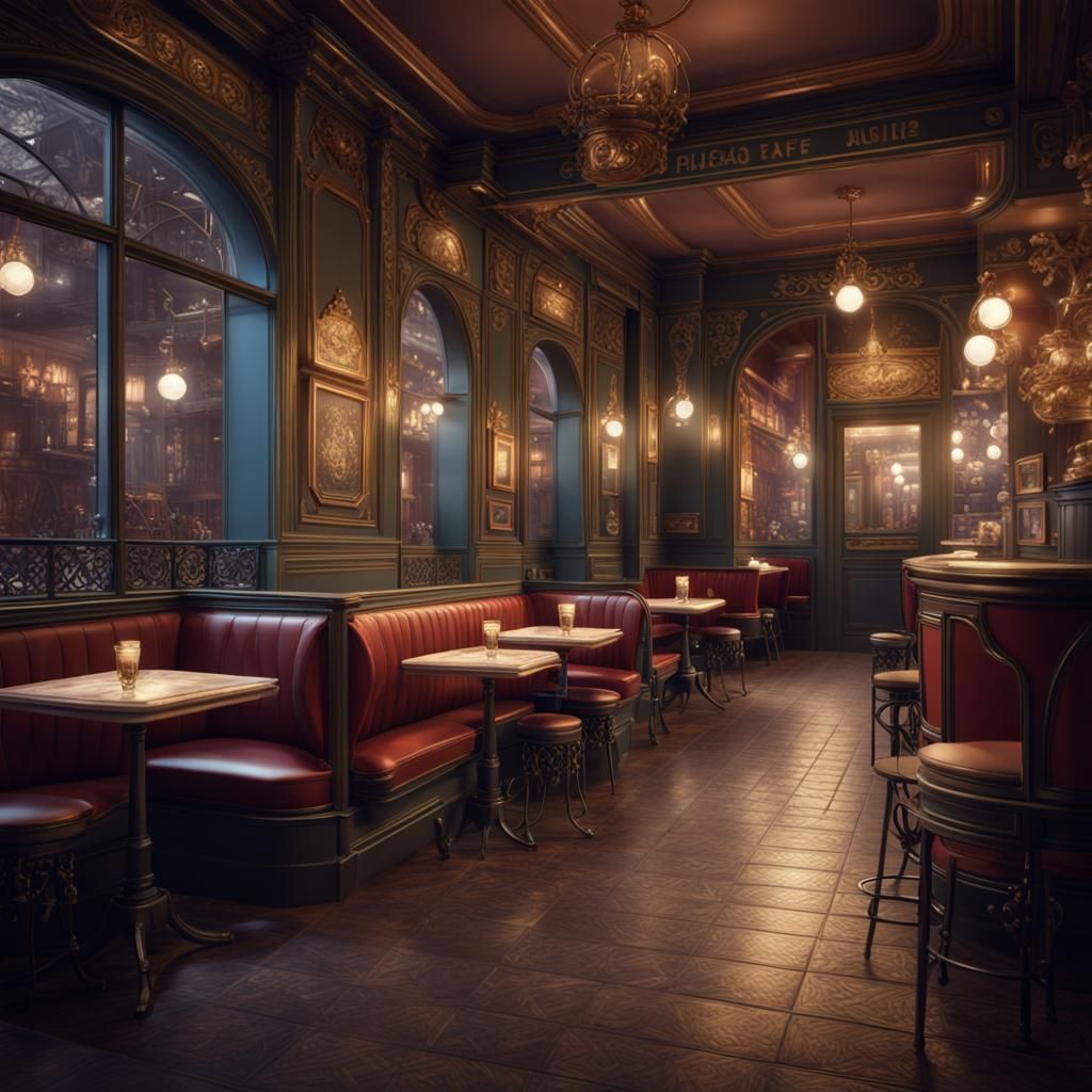 Parisian Cafe Interior, Detailed Digital Matte Painting