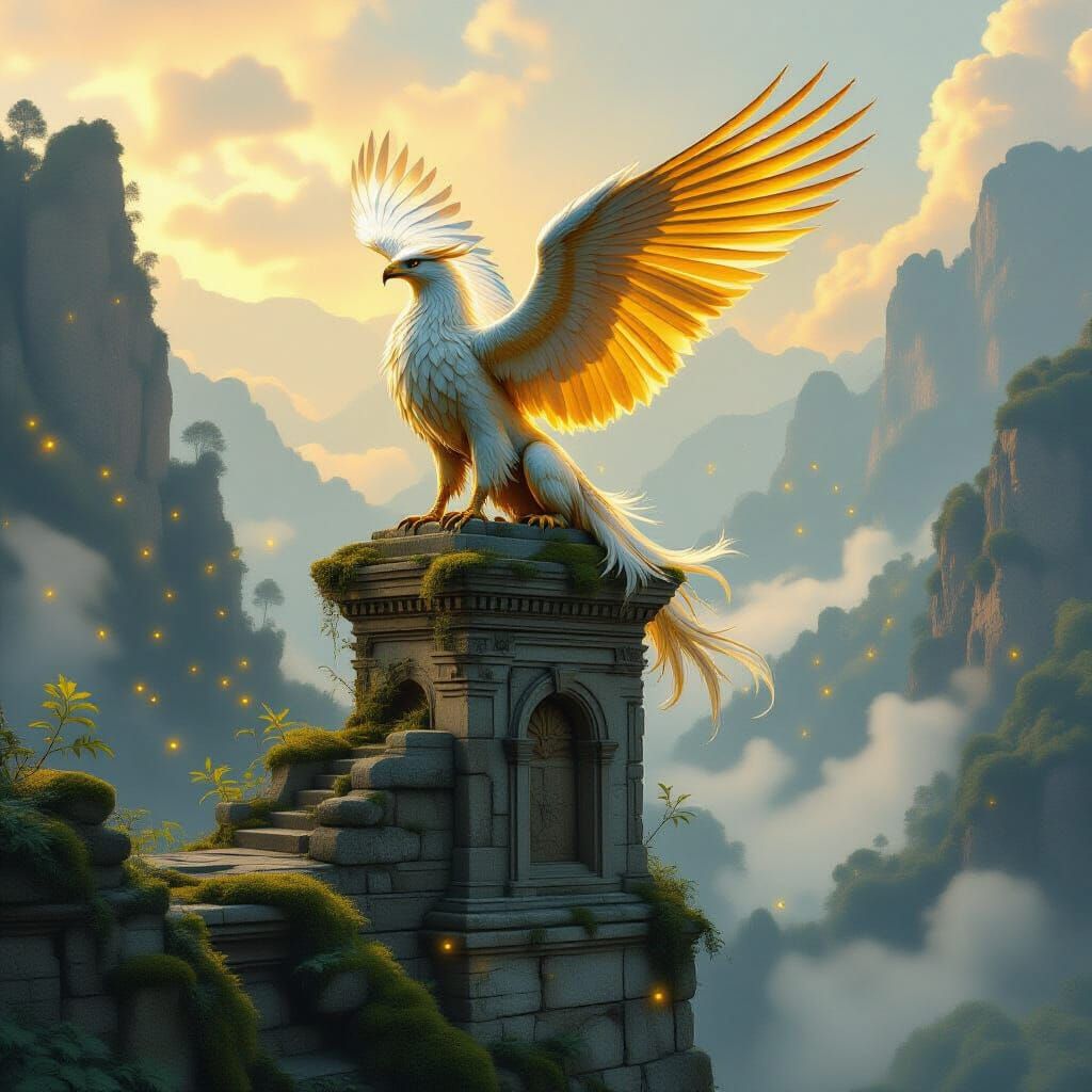 Majestic Golden Griffin on Ancient Ruins