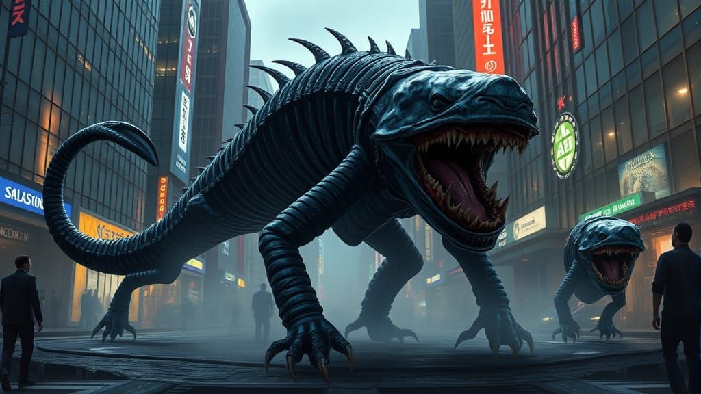 Cyberpunk Silicoid Beast Terrorizes Urban Landscape