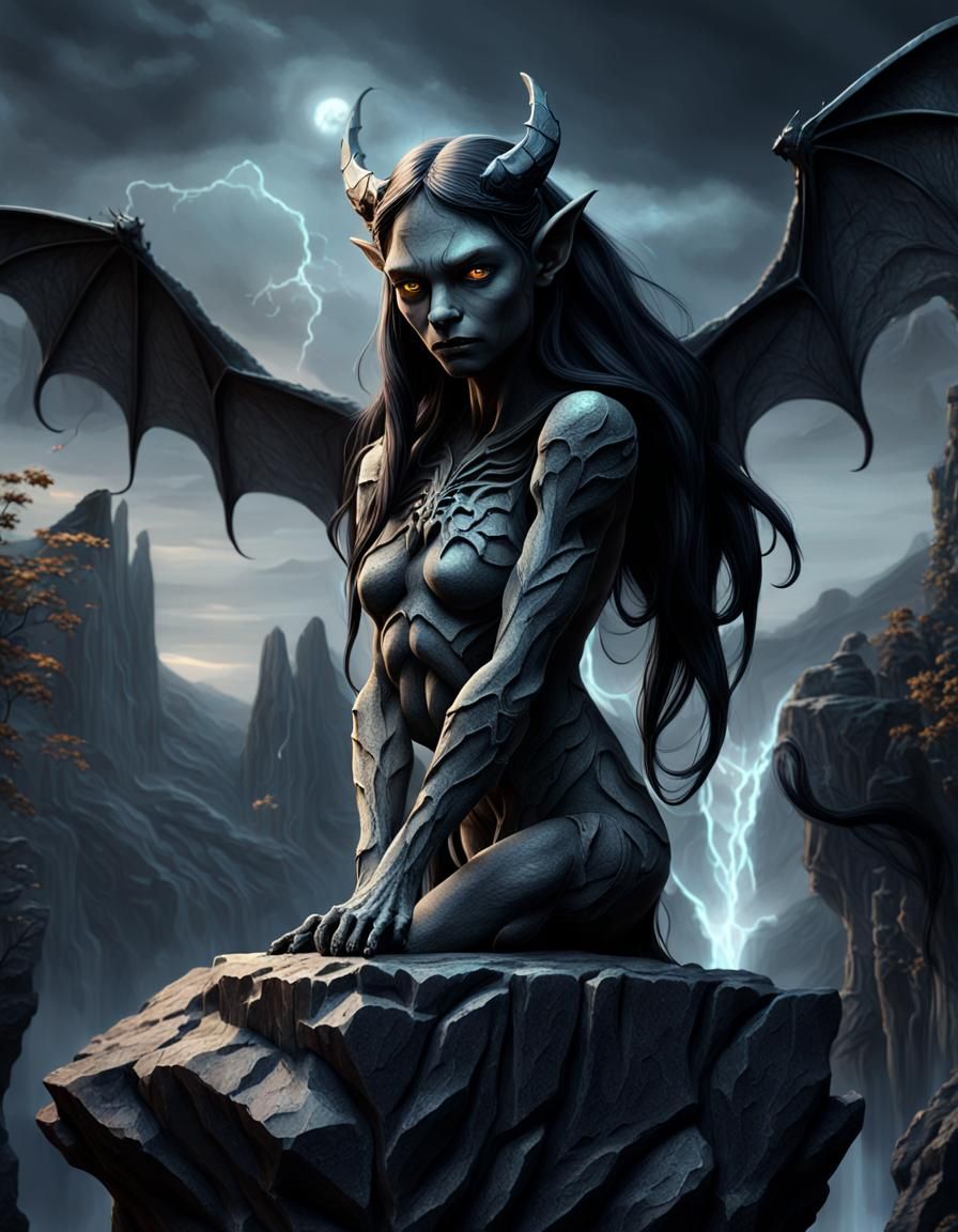 Surreal Digital Gargoyle Goddess with Glowing Accents and Tr...