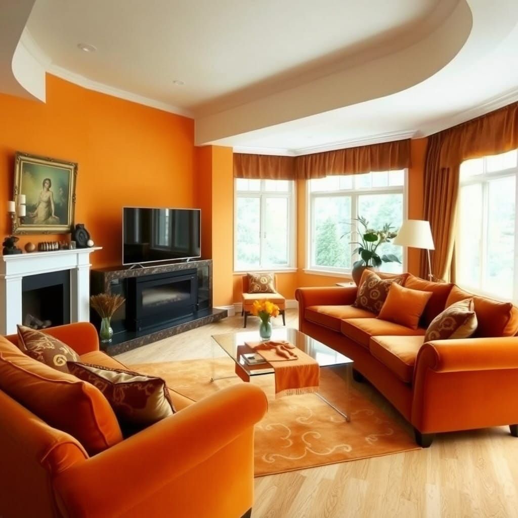 Cozy Orange Retreat with Velvet Couches and Fireplace