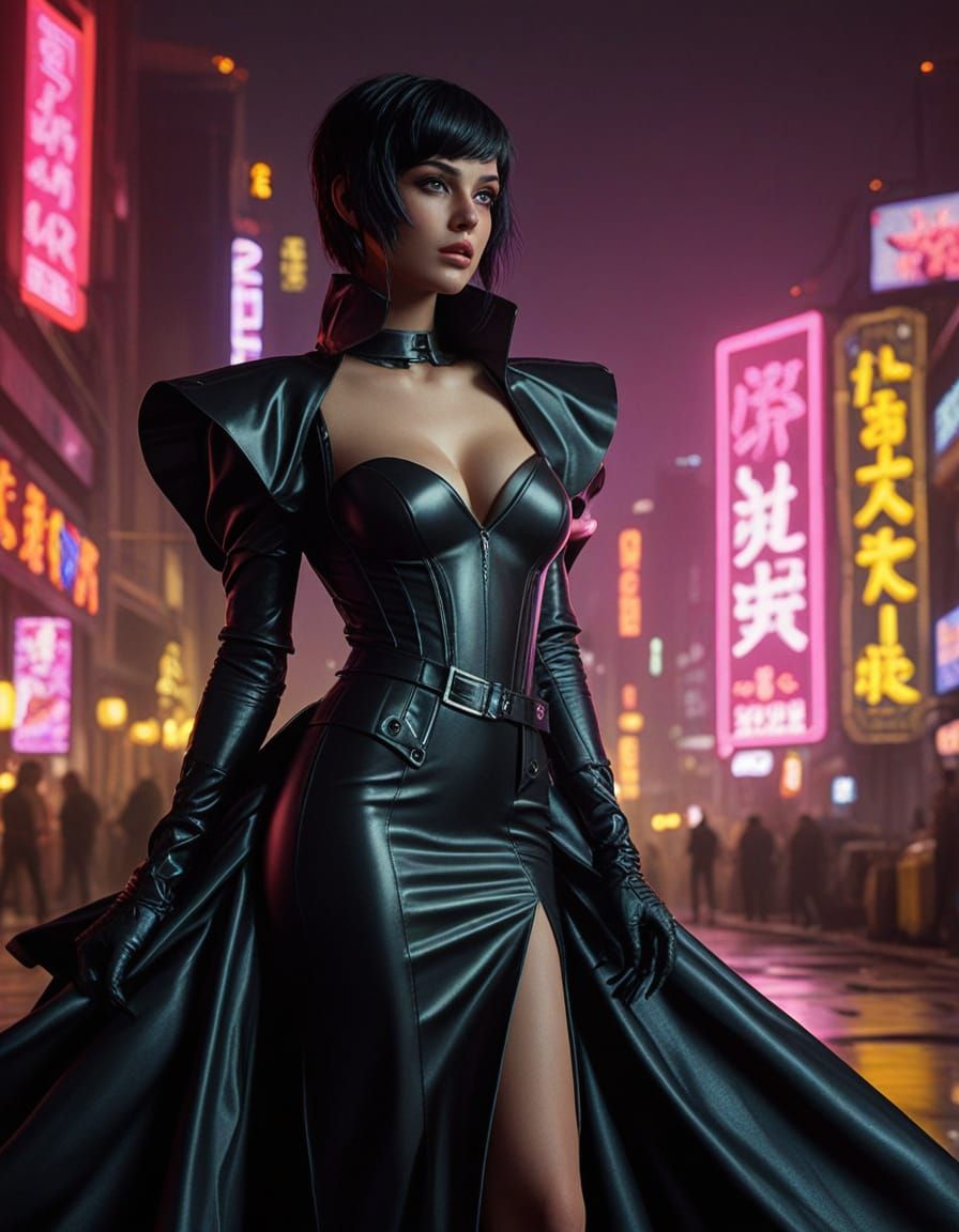 In this striking image, a sissy with long shining black hair...