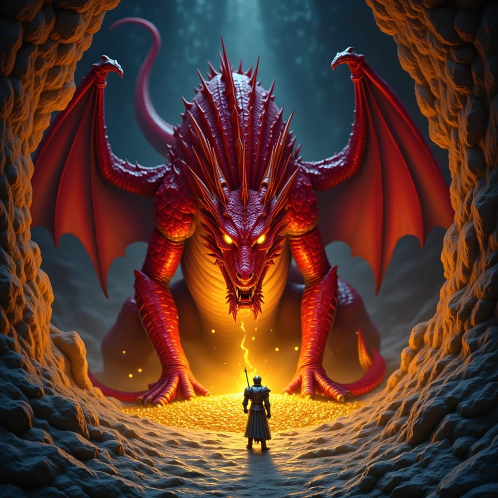Knight Confronts Ancient Dragon in Gold-Filled Cavern