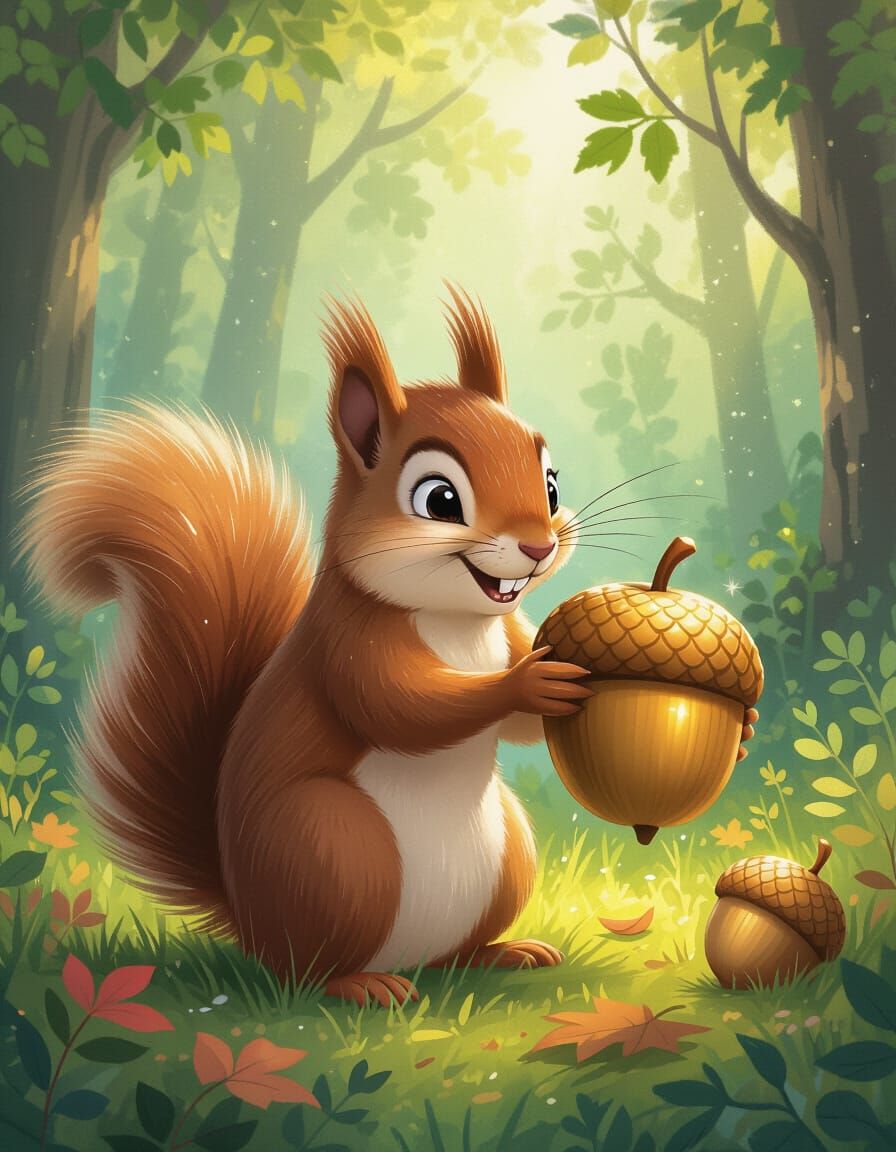 Squirrel's Heist: Whimsical Forest Scene