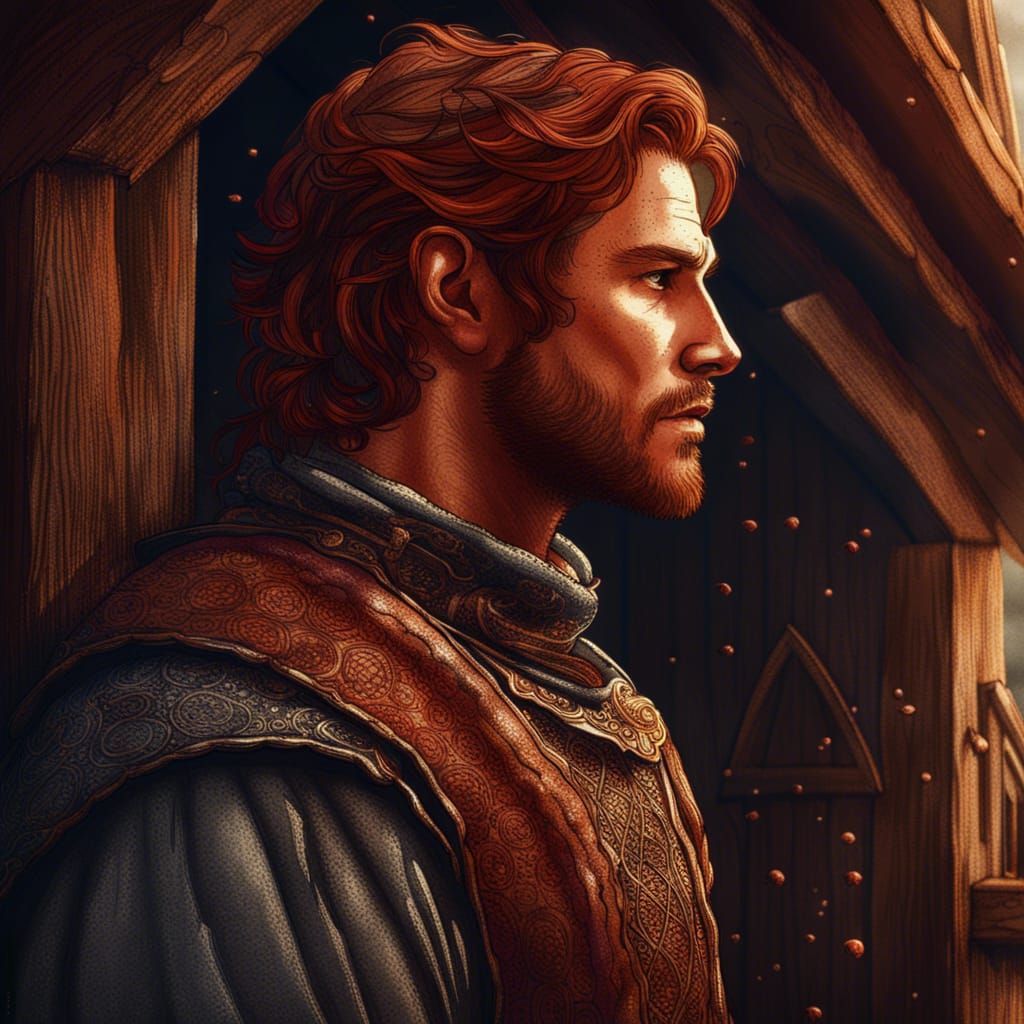 Medieval Man Ink Splatter Drawing in Cottage Setting