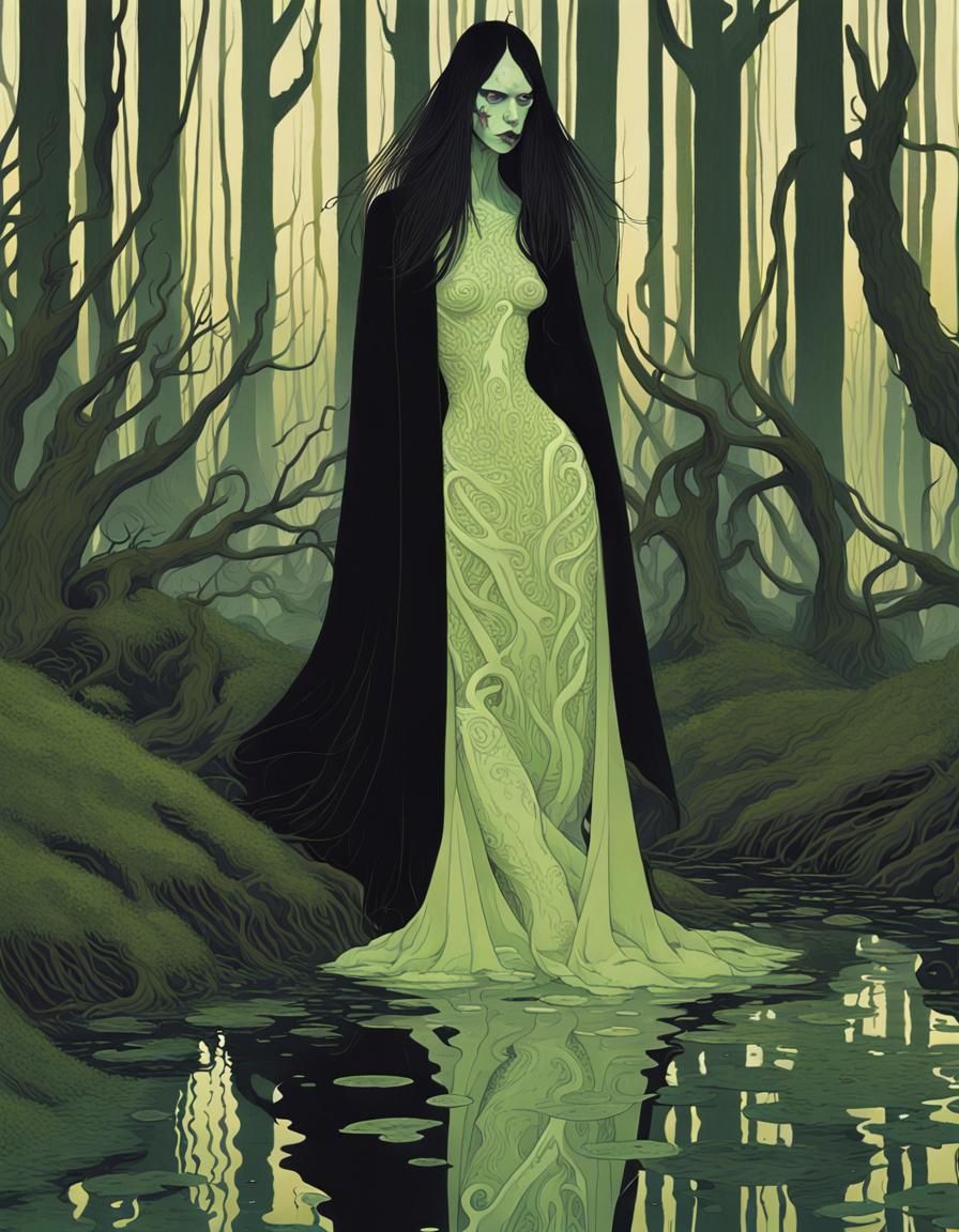 Demonic Banshee in Swamp, Klimt-Inspired Digital Art