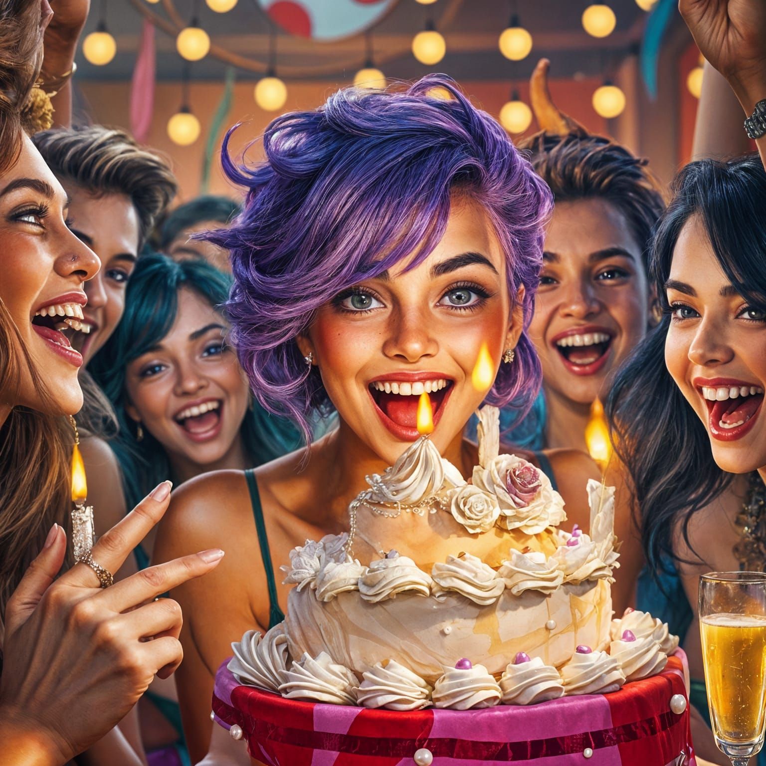 Birthday Celebration with Purple-Haired Lady