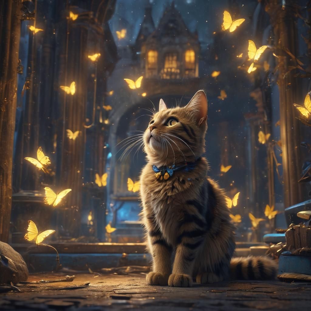 Cat with Butterfly in Glowing Gold Lights